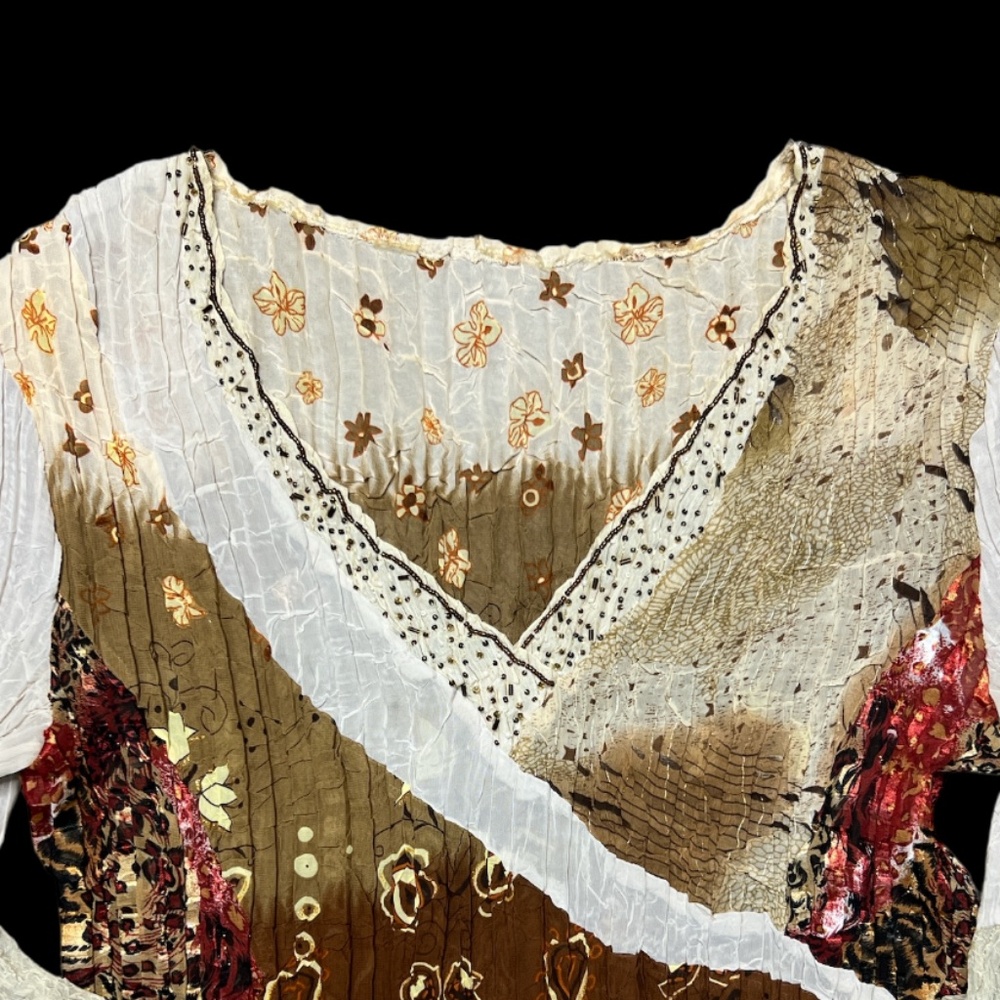 Alberto Makali Top Blouse Large Floral Layers Silky Shimmery Stretch Tan Crinkle - Picture 3 of 8